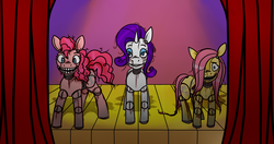 Size: 1741x922 | Tagged: safe, artist:twitchygreyfox, fluttershy, pinkie pie, rarity, robot, g4, blood, five nights at freddy's, nightmare fuel, stage