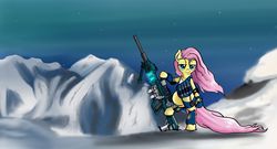 Size: 1916x1036 | Tagged: safe, artist:greyscaleart, fluttershy, pegasus, pony, g4, armor, female, flutterbadass, gun, hooves, looking at you, mare, open mouth, optical sight, rifle, smiling, smug, sniper rifle, solo, weapon