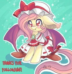 Size: 1000x1038 | Tagged: safe, artist:indiefoxtail, fluttershy, pony, bats!, g4, blushing, clothes, cosplay, cute, female, flutterbat, hat, remilia scarlet, smiling, solo, touhou
