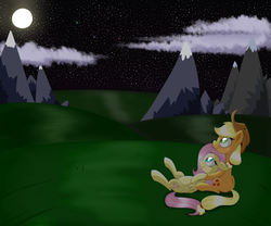 Size: 3000x2500 | Tagged: safe, artist:notenoughapples, applejack, fluttershy, g4, cloud, female, field, high res, holding, lesbian, moonlight, mountain, night, resting, ship:appleshy, shipping, stars