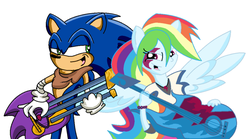 Size: 1024x570 | Tagged: safe, artist:splinterstar, rainbow dash, equestria girls, g4, my little pony equestria girls: rainbow rocks, crossover, duo, electric guitar, guitar, looking at each other, looking at someone, male, musical instrument, ponied up, simple background, sonic boom, sonic the hedgehog, sonic the hedgehog (series), sonic underground, white background