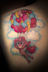 Size: 1024x1536 | Tagged: safe, artist:meekcheep, pinkie pie, g4, balloon, female, flying, solo, tattoo, then watch her balloons lift her up to the sky