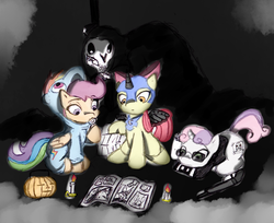 Size: 1005x820 | Tagged: source needed, safe, artist:magello, apple bloom, scootaloo, sweetie belle, g4, cutie mark crusaders, nightmare night, skeleton