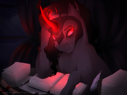 Size: 2000x1500 | Tagged: safe, artist:evehly, king sombra, g4, book, glowing horn, horn, night