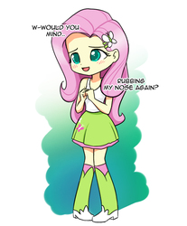 Size: 629x760 | Tagged: safe, artist:twilite-sparkleplz, fluttershy, equestria girls, g4, blushing, butterfly hairpin, clothes, cute, dialogue, female, humanized, implied shipping, implied sunset shimmer, lesbian, nose rub, ship:sunshyne, shipping, shyabetes, skirt, solo, tank top