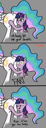 Size: 790x2180 | Tagged: safe, artist:greyscaleart, princess celestia, twilight sparkle, alicorn, pony, g4, butt, comic, dock, fart, female, funny, lesbian, mare, plot, ship:twilestia, shipping, solar wind, sunbutt, tell me your secrets, twilight sparkle (alicorn)