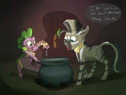 Size: 1280x960 | Tagged: safe, artist:imsokyo, spike, zecora, dragon, zebra, daily life of spike, g4, ask, cauldron, dialogue, duo, female, male, mare, open mouth, potion, tumblr, when she doesn't rhyme