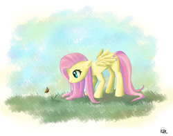 Size: 1024x805 | Tagged: safe, artist:vial-of-venom, fluttershy, butterfly, g4, female, flower, solo