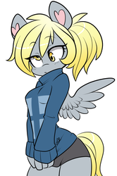 Size: 626x945 | Tagged: safe, artist:lolopan, derpy hooves, pegasus, anthro, g4, adorasexy, breasts, busty derpy hooves, clothes, cute, derpabetes, female, heart, sexy, shirt pull, shorts, simple background, solo, sweater, turtleneck, white background