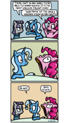 Size: 500x886 | Tagged: safe, artist:foudubulbe, maud pie, pinkie pie, trixie, pony, unicorn, comic:damp rocks, g4, comic, faic, female, lesbian, mare, open mouth, pinkie being pinkie, ship:mauxie, shipping, spoon, wooden spoon