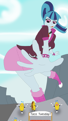Size: 1700x3011 | Tagged: safe, artist:final7darkness, sonata dusk, equestria girls, g4, my little pony equestria girls: rainbow rocks, boots, clothes, costume, food, food costume, giantess, hungry, imminent vore, macro, request, requested art, scared, skirt, sonataco, taco, taco tuesday, that girl sure loves tacos, that siren sure does love tacos