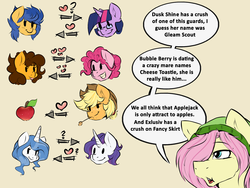 Size: 1280x960 | Tagged: dead source, safe, artist:rainbowscreen, applejack, cheese sandwich, fancypants, flash sentry, fluttershy, pinkie pie, rarity, twilight sparkle, alicorn, ask the gaylord, :v, applejack (male), bubble berry, butterscotch, cheesepie, dusk shine, elusive, elusiveskirt, fancy skirt, female, flare warden, flashlight, grammar error, grilled cheese (r63), grilledberry, male, prince dusk, raripants, rule 63, shipping, straight, text, that pony sure does love apples, twilight sparkle (alicorn)