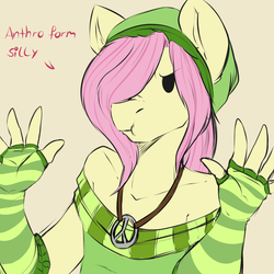 Size: 1200x1200 | Tagged: dead source, safe, artist:rainbowscreen, fluttershy, anthro, ask the gaylord, g4, butterscotch, clothes, evening gloves, fingerless elbow gloves, fingerless gloves, gloves, hippieshy, long gloves, necklace, rule 63, solo, striped gloves, we got a badass over here