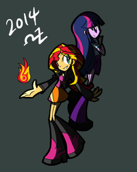 Size: 700x875 | Tagged: safe, artist:rvceric, sunset shimmer, twilight sparkle, equestria girls, g4, clothes, fiery shimmer, fire, magic, pyromancy, simple background, skirt