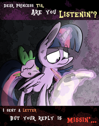 Size: 1100x1400 | Tagged: safe, artist:slitherpon, spike, twilight sparkle, alicorn, dragon, pony, moody mark crusaders, g4, female, friendship report, letter, mare, stitches, twilight sparkle (alicorn)