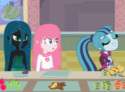 Size: 4800x3556 | Tagged: safe, artist:mixermike622, artist:skycatcherequestria, queen chrysalis, sonata dusk, oc, oc:fluffle puff, equestria girls, g4, my little pony equestria girls: rainbow rocks, equestria girls-ified, fluffle puff is not amused, imminent death, it is on, sonataco, taco, that girl sure loves tacos, that siren sure does love tacos, this will end in death, this will end in tears, this will end in tears and/or death, tongue out, unamused