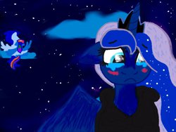 Size: 1024x768 | Tagged: safe, artist:courycourtcourt, princess luna, rainbow dash, soarin', g4, blushing, clothes, cloud, crying, female, floppy ears, frown, hair over one eye, lonely, male, night, sad, ship:soarindash, shipping, sky, straight
