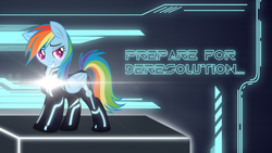 Size: 1920x1080 | Tagged: safe, artist:dachickendog, artist:overdriv3n, artist:whitediamonds, rainbow dash, pegasus, pony, g4, clothes, costume, female, lens flare, mare, solo, tron legacy, vector, wallpaper