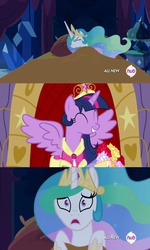 Size: 853x1425 | Tagged: safe, princess celestia, twilight sparkle, alicorn, pony, g4, alicorn drama, background pony strikes again, celestia's nightmare, drama, duckery in the description, exploitable meme, female, mare, meme, op is a duck, op is trying to start shit, twilight sparkle (alicorn)