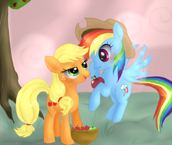 Size: 700x589 | Tagged: safe, artist:lampent, applejack, rainbow dash, g4, apple, female, lesbian, ship:appledash, shipping