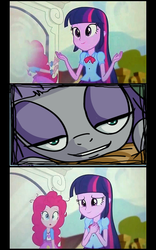 Size: 800x1280 | Tagged: safe, artist:foudubulbe, edit, edited screencap, screencap, maud pie, pinkie pie, twilight sparkle, equestria girls, g4, my little pony equestria girls: rainbow rocks, bedroom eyes, grin, looking at you, pinkie sticks her face into the portal meme, portal, smiling, twilight sparkle (alicorn), wat, when she smiles