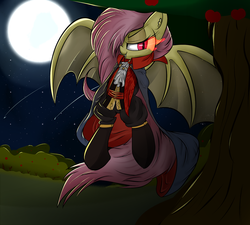 Size: 1280x1152 | Tagged: safe, artist:madacon, fluttershy, bat pony, pony, vampire, g4, castlevania, clothes, dracula, female, flutterbat, hair over one eye, mare, moon, night, solo