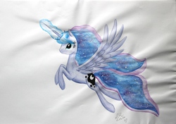 Size: 4541x3204 | Tagged: safe, artist:ablm, princess luna, g4, female, flying, magic, simple background, solo, traditional art, watercolor painting