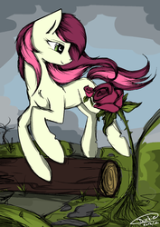 Size: 1535x2163 | Tagged: safe, artist:php41, derpibooru exclusive, roseluck, earth pony, pony, g4, female, jumping, log, mare, rose, smiling, solo