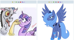 Size: 512x274 | Tagged: safe, discord, princess luna, twilight sparkle, alicorn, pony, derpibooru, g4, exploitable meme, female, juxtaposition, juxtaposition win, mare, meme, meta, twilight sparkle (alicorn)