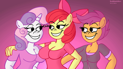 Size: 6000x3375 | Tagged: safe, artist:scobionicle99, apple bloom, scootaloo, sweetie belle, anthro, g4, breasts, busty apple bloom, busty cmc, busty scootaloo, busty sweetie belle, cleavage, female, older, trio