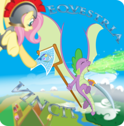 Size: 4888x4950 | Tagged: safe, artist:qtmarx, fluttershy, private pansy, spike, dragon, pegasus, pony, g4, absurd resolution, duo, fire, fire breath, hilarious in hindsight, older, sword, winged spike, wings