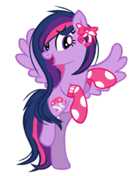 Size: 626x844 | Tagged: dead source, safe, artist:master-of-scarves, twilight sparkle, alicorn, pony, g4, alternate hairstyle, bipedal, bow, clothes, female, looking at you, mare, open mouth, raised leg, recolor, smiling, socks, solo, spread wings, twilight sparkle (alicorn)