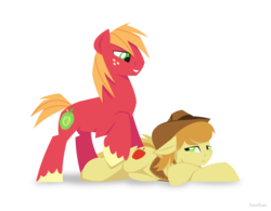 Size: 1280x1000 | Tagged: safe, artist:hoverrover, big macintosh, braeburn, earth pony, pony, g4, colored hooves, cowboy hat, floppy ears, gay, hat, hooves, incest, lineless, lying down, male, ship:braemac, shipping, simple background, smiling, stallion, standing, teeth, transparent background
