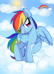 Size: 1024x1405 | Tagged: safe, artist:kimikosky, rainbow dash, g4, cloud, cloudy, confident, female, looking at you, open mouth, rainbow, raised hoof, smiling, solo, spread wings, sun