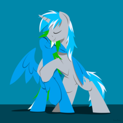 Size: 1280x1280 | Tagged: safe, artist:hoverrover, oc, oc only, oc:blue frost, oc:burnout, pegasus, pony, unicorn, cute, eyes closed, floppy ears, gay, hooves, horn, hug, lineless, male, nuzzling, raised hoof, shipping, smiling, stallion, winghug, wings