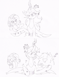 Size: 1216x1603 | Tagged: safe, artist:joey darkmeat, queen chrysalis, rarity, oc, oc:fluffle puff, g4, :p, alternate hairstyle, earring, eyes closed, fangs, frown, glasses, grin, long hair, makeover, monochrome, music notes, open mouth, shaving, shocked, short hair, sketch, smiling, tongue out, traditional art, underhoof, wide eyes