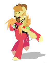 Size: 1280x1700 | Tagged: safe, artist:hoverrover, big macintosh, braeburn, earth pony, pony, g4, braeburn riding big macintosh, bridle, colored hooves, cowboy hat, eyes closed, floppy ears, hat, hooves, horse riding a horse, lineless, male, open mouth, ponies riding ponies, riding, saddle, simple background, stallion, transparent background