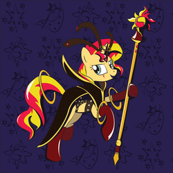 Size: 1500x1500 | Tagged: safe, artist:peichenphilip, sunset shimmer, pony, unicorn, g4, clothes, cutie mark, female, solo, staff