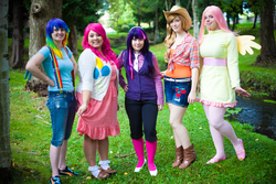 Size: 1400x933 | Tagged: safe, artist:piggynukka, applejack, fluttershy, pinkie pie, rainbow dash, twilight sparkle, human, g4, akicon, clothes, cosplay, irl, irl human, necktie, photo, shorts, vest