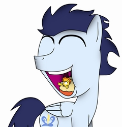 Size: 2251x2345 | Tagged: safe, artist:candianmatt, soarin', spitfire, pegasus, pony, g4, duo, eyes closed, female, fetish, high res, male, mare, micro, simple background, smiling, stallion, vore, white background