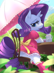 Size: 948x1268 | Tagged: safe, artist:aymint, rarity, pony, unicorn, semi-anthro, g4, bow, chair, clothes, cottagecore, cute, dress, ear fluff, female, food, looking back, looking down, mare, open mouth, pixiv, puffy sleeves, raribetes, sitting, socks, solo, table, tea, teacup, umbrella