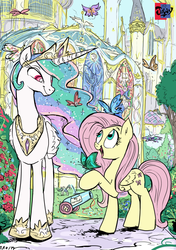 Size: 617x874 | Tagged: safe, artist:jowyb, fluttershy, princess celestia, alicorn, butterfly, pegasus, pony, g4, canterlot, canterlot gardens, eye contact, garden, open mouth, party cannon, raised hoof, smiling