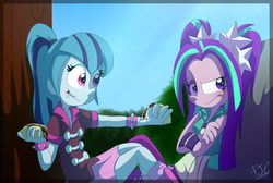 Size: 1524x1024 | Tagged: safe, artist:fj-c, aria blaze, sonata dusk, equestria girls, g4, my little pony equestria girls: rainbow rocks, eating, frown, sitting, smiling, sonataco, taco, that girl sure loves tacos, that siren sure does love tacos, unamused