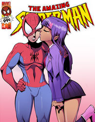 Size: 700x900 | Tagged: safe, artist:speedosausage, twilight sparkle, human, spiders and magic: rise of spider-mane, g4, blazer, cheek kiss, clothes, comic cover, crossover, crossover shipping, dark skin, female, humanized, kissing, kneesocks, male, marvel, miniskirt, necktie, peter parker, school uniform, schoolgirl, shipping, shirt, shoes, skirt, socks, spider-man, spidertwi, straight