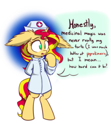Size: 850x950 | Tagged: safe, artist:heir-of-rick, sunset shimmer, pony, unicorn, g4, bipedal, dialogue, female, impossibly large ears, nurse, solo, this will end in tears, this will end in tears and/or death, this will not end well
