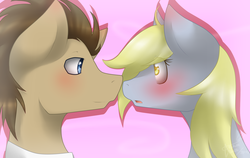 Size: 1900x1200 | Tagged: safe, artist:aqualuna112, derpy hooves, doctor whooves, time turner, earth pony, pegasus, pony, g4, blushing, female, looking at each other, male, mare, ship:doctorderpy, shipping, stallion, straight