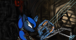 Size: 1366x728 | Tagged: safe, artist:xxmarkingxx, princess luna, g4, crossover, dead space, female, magic, plasma cutter, rig (dead space), solo, telekinesis, weapon