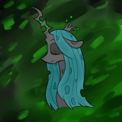 Size: 2048x2048 | Tagged: safe, artist:briarspark, queen chrysalis, changeling, changeling queen, g4, crown, eyes closed, female, high res, jewelry, pixiv, regalia, solo