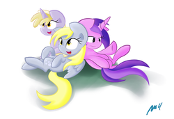 Size: 500x342 | Tagged: artist needed, safe, amethyst star, derpy hooves, dinky hooves, sparkler, pegasus, pony, g4, equestria's best daughter, equestria's best mother, equestria's other best daughter, female, mare