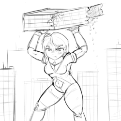 Size: 1000x1000 | Tagged: safe, artist:khorme, oc, oc only, oc:ultramare, human, building, destruction, giantess, humanized, macro, monochrome, simple background, white background